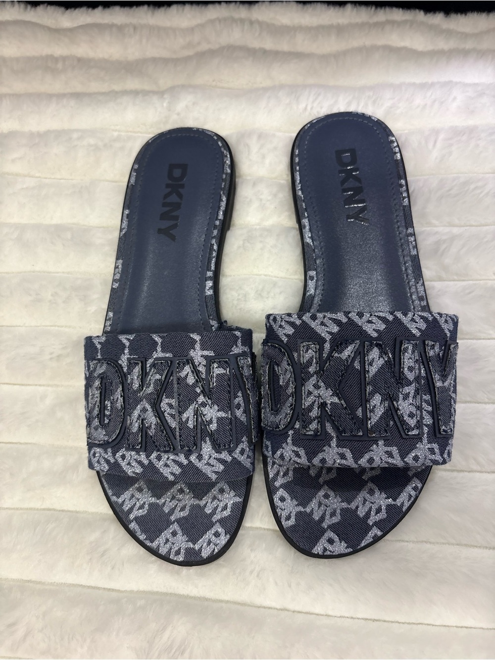 DKNY Navy Monogram Logo Slide Sandals